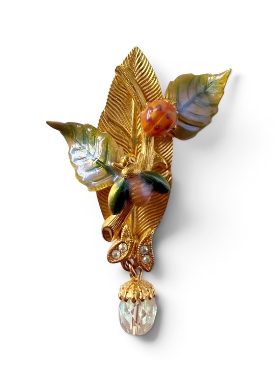 Kirks Folly Jewelry - Vintage Kirks Folly Enamel Ladybug Insect on Leaf Dangle Goldtone Brooch Pin